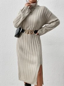 SHEIN Frenchy 高領落肩袖下擺開叉毛衣洋裝不附腰帶 - 杏色 - 查看 6