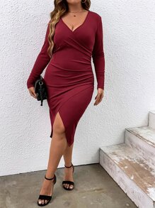 SHEIN Clasi Vestido ajustado de cuello cruzado bajo cruzado - Burdeos - Ver 5