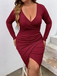 SHEIN Clasi Vestido ajustado de cuello cruzado bajo cruzado - Burdeos - Ver 1