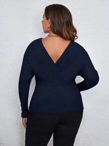 SHEIN Unity Plus Button Detail Wrap Batwing Sleeve Jumper - Navy Blue - View 2
