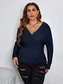 SHEIN Unity Plus Button Detail Wrap Batwing Sleeve Jumper - Navy Blue - View 5