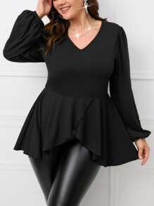 Celure 大碼燈籠袖荷葉邊下擺T恤 - 黑色 - 查看 3