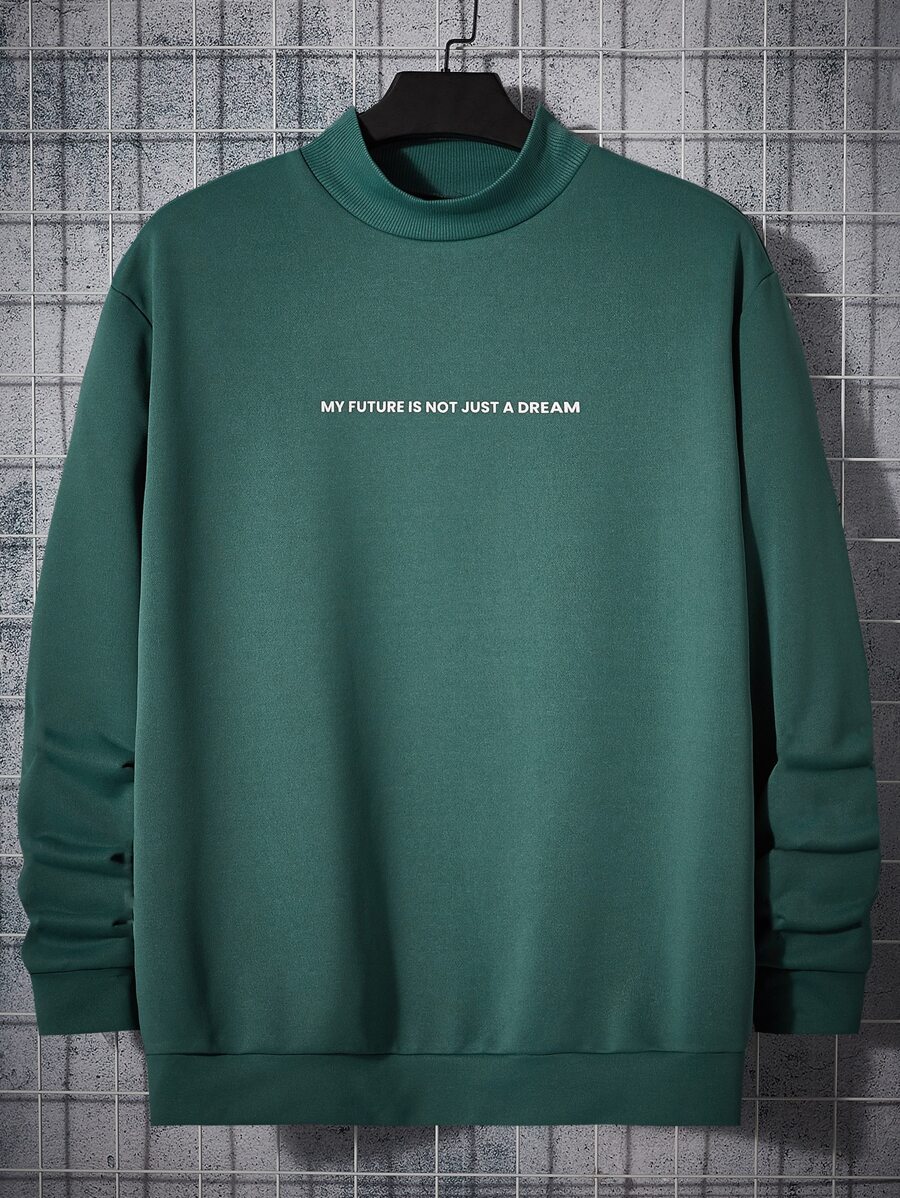 GENTILAND Men Plus Slogan Graphic Mock Neck Sweatshirt - Dark Green - View 1