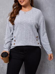 SHEIN LUNE Plus Button Detail Drop Shoulder Tee - Light Grey - View 1