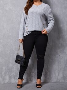 SHEIN LUNE Plus Button Detail Drop Shoulder Tee - Light Grey - View 3