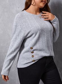SHEIN LUNE Plus Button Detail Drop Shoulder Tee - Light Grey - View 5