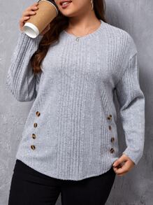 SHEIN LUNE Plus Button Detail Drop Shoulder Tee - Light Grey - View 6