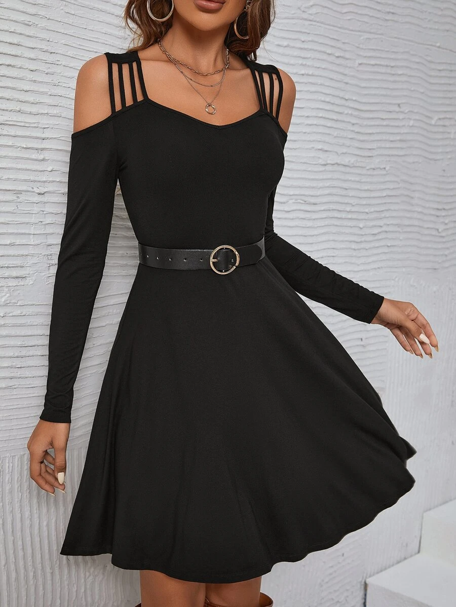 SHEIN Clasi Solid Cold Shoulder Dress Without Belt - Black - View 1