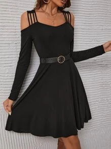 SHEIN Clasi Solid Cold Shoulder Dress Without Belt - Black - View 3