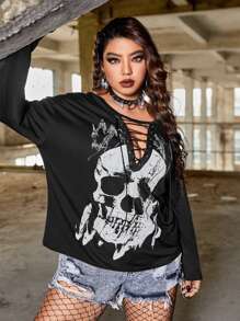 PUNK Áo thun Plus size Ren lên Thùa khuyết Đồ họa Giải trí - màu đen - Xem 2