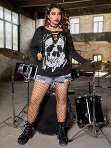 PUNK Áo thun Plus size Ren lên Thùa khuyết Đồ họa Giải trí - màu đen - Xem 4