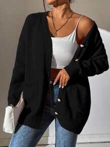 SHEIN Frenchy Cárdigan con doble bolsillo de hombros caídos - Negro - Ver 1