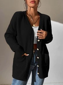 SHEIN Frenchy Cárdigan con doble bolsillo de hombros caídos - Negro - Ver 3