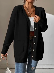 SHEIN Frenchy Cárdigan con doble bolsillo de hombros caídos - Negro - Ver 4