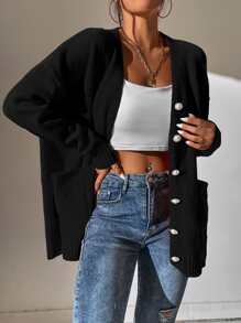SHEIN Frenchy Cárdigan con doble bolsillo de hombros caídos - Negro - Ver 6