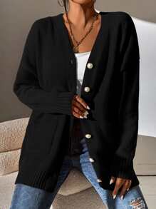 SHEIN Frenchy Cárdigan con doble bolsillo de hombros caídos - Negro - Ver 7