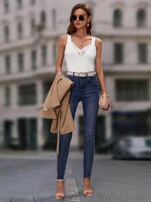 SHEIN Privé 蕾絲拼接寬帶上衣 - 白色 - 查看 4