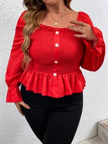 Plus Button Front Flounce Sleeve Shirred Peplum Blouse - Red - View 4