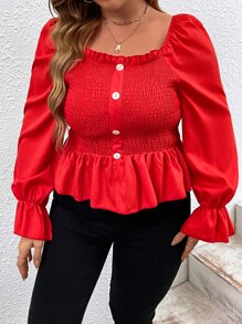Plus Button Front Flounce Sleeve Shirred Peplum Blouse - Red - View 5