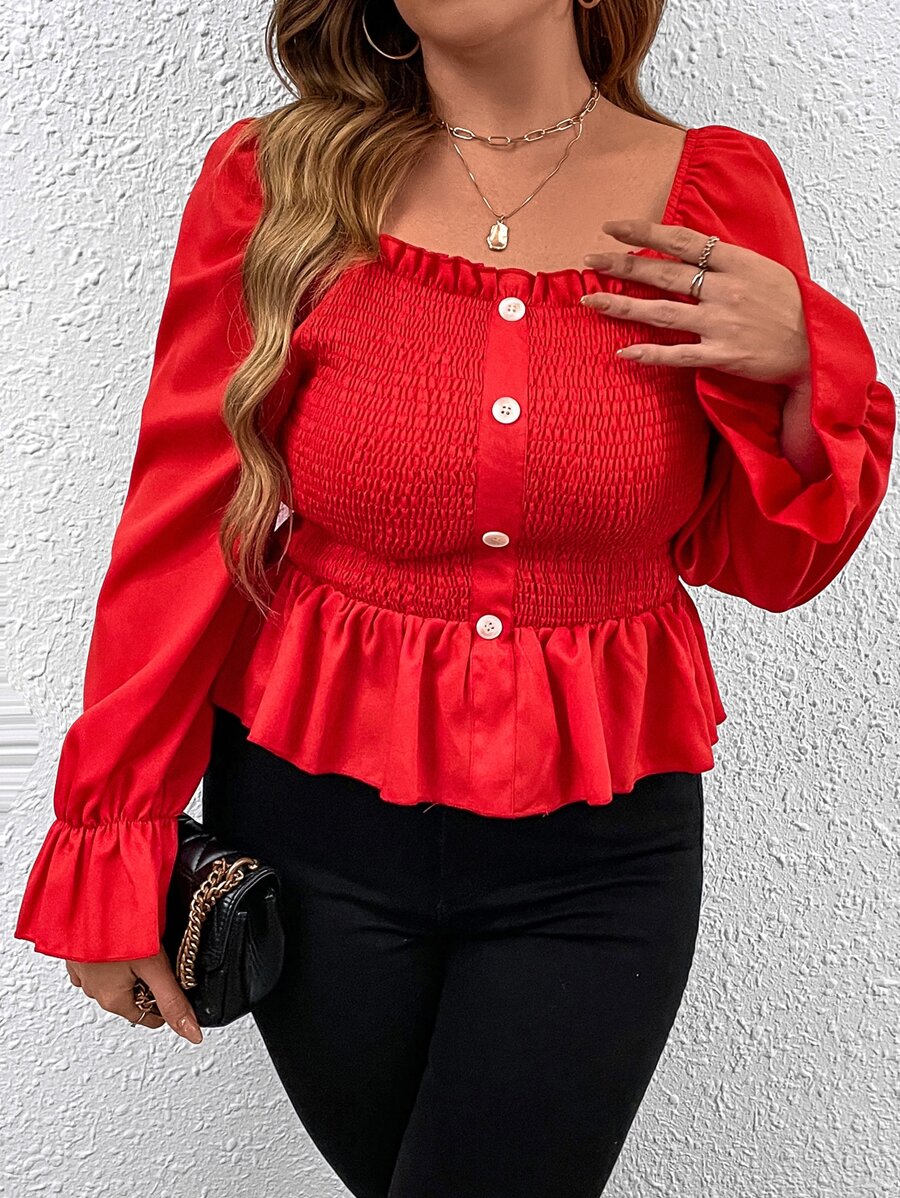 Plus Button Front Flounce Sleeve Shirred Peplum Blouse - Red - View 1