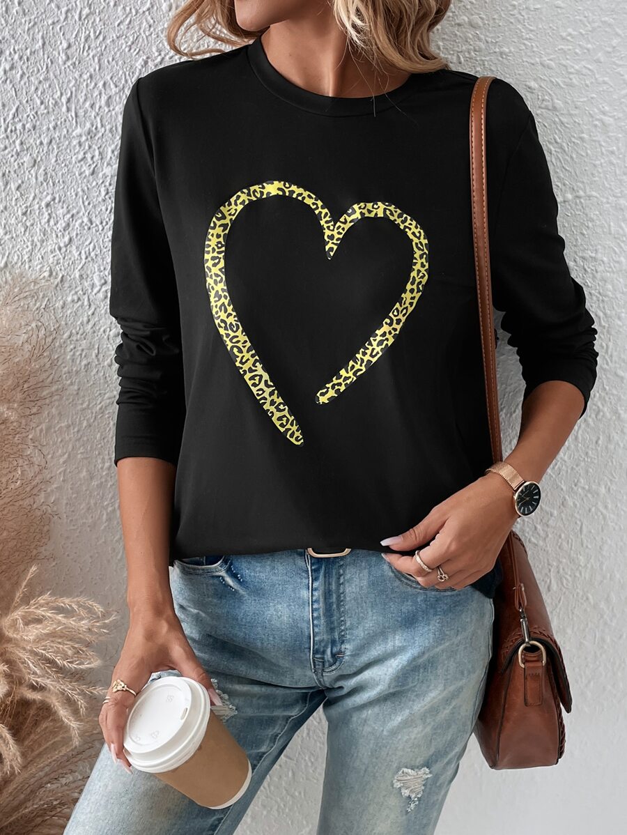 SHEIN LUNE Leopard & Heart Print Tee Graphic Cheetah Print Tees Women Tops - Black - View 1