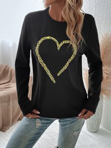 SHEIN LUNE Leopard & Heart Print Tee Graphic Cheetah Print Tees Women Tops - Black - View 3