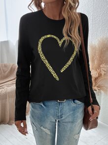 SHEIN LUNE Leopard & Heart Print Tee Graphic Cheetah Print Tees Women Tops - Black - View 4