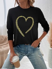 SHEIN LUNE Leopard & Heart Print Tee Graphic Cheetah Print Tees Women Tops - Black - View 5