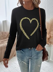 SHEIN LUNE Leopard & Heart Print Tee Graphic Cheetah Print Tees Women Tops - Black - View 6