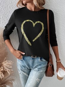 SHEIN LUNE Leopard & Heart Print Tee Graphic Cheetah Print Tees Women Tops - Black - View 7