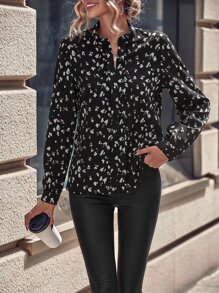 SHEIN Clasi Blusa de cuello con muesca estampada por todo, blusas de manga larga - Negro - Ver 6