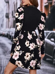 SHEIN VCAY Đầm Gân đan Hoa Boho - màu đen - Xem 2