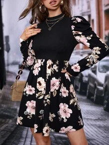 SHEIN VCAY Đầm Gân đan Hoa Boho - màu đen - Xem 1