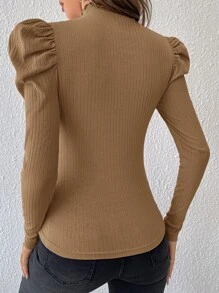 SHEIN Privé 羊腿袖紐扣細節上衣 - 卡其色 - 查看 2