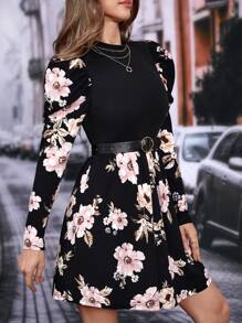 SHEIN VCAY Đầm Gân đan Hoa Boho - màu đen - Xem 5