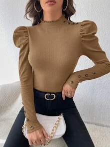 SHEIN Privé 羊腿袖紐扣細節上衣 - 卡其色 - 查看 4