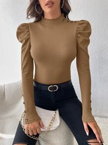 SHEIN Privé 羊腿袖紐扣細節上衣 - 卡其色 - 查看 5