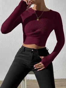 SHEIN Unity Wrap Tie Back Rib-knit Crop Jumper - Maroon - View 1