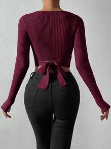 SHEIN Unity Wrap Tie Back Rib-knit Crop Jumper - Maroon - View 2