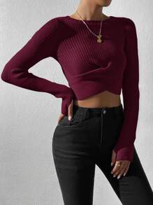SHEIN Unity Wrap Tie Back Rib-knit Crop Jumper - Maroon - View 4
