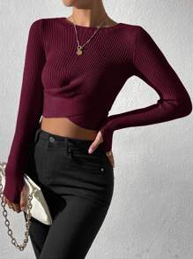 SHEIN Unity Wrap Tie Back Rib-knit Crop Jumper - Maroon - View 5