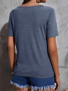 SHEIN LUNE Áo thun nữ Hội Chữ thập màu trơn Giải trí - Màu xanh bụi bặm - Xem 2