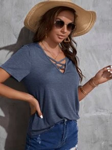 SHEIN LUNE Áo thun nữ Hội Chữ thập màu trơn Giải trí - Màu xanh bụi bặm - Xem 5