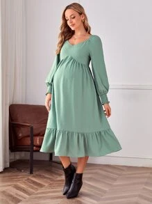 SHEIN Maternity Sweetheart Neck Flounce Sleeve Ruffle Hem Dress - Mint Green - View 1