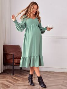 SHEIN Maternity Sweetheart Neck Flounce Sleeve Ruffle Hem Dress - Mint Green - View 3
