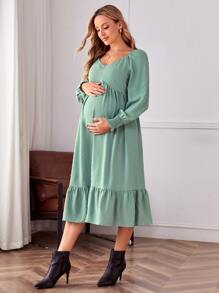 SHEIN Maternity Sweetheart Neck Flounce Sleeve Ruffle Hem Dress - Mint Green - View 4