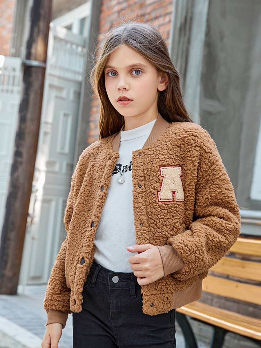 SHEIN Girls Letter Patch Detail Drop Shoulder Teddy Bomber Jacket - Camel - View 1