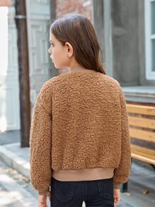 SHEIN Girls Letter Patch Detail Drop Shoulder Teddy Bomber Jacket - Camel - View 2