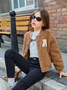 SHEIN Girls Letter Patch Detail Drop Shoulder Teddy Bomber Jacket - Camel - View 3