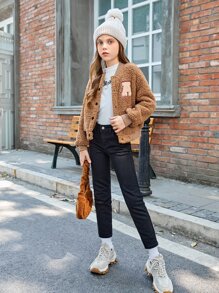 SHEIN Girls Letter Patch Detail Drop Shoulder Teddy Bomber Jacket - Camel - View 4